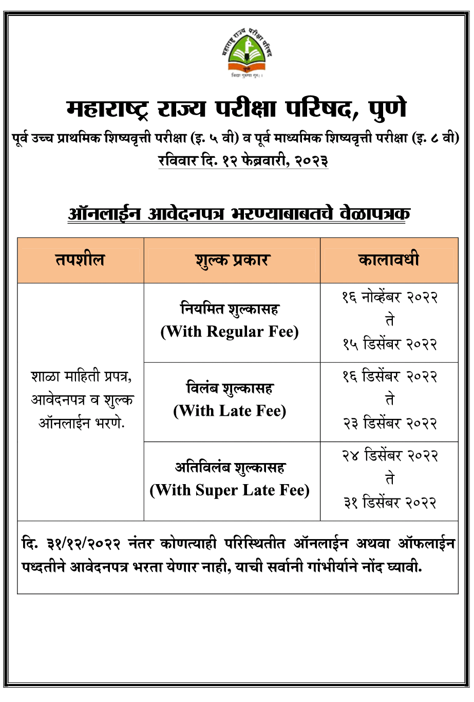 शिष्यवृत्ती परीक्षा 2023 ऑनलाईन आवेदन पत्र भरणेबाबत वेळापत्रक